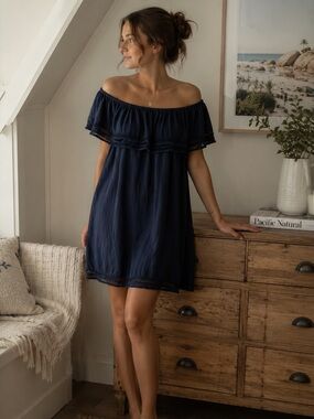 Aritzia Wilfred 100% Modal Off Shoulder Boho Mini Dress Navy Large Quiet Luxury